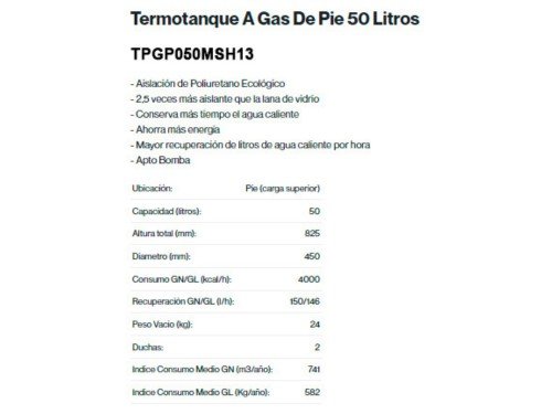 Termotanque A Gas 50 Litros Sherman Conexion Superior