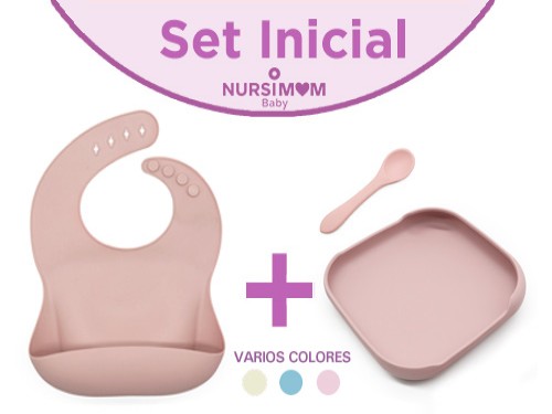Set Inicial (Babero + Plato Cuadrardo + Cuchara Silicona para bebés)