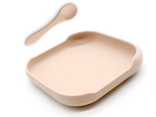 Set Inicial (Babero + Plato Cuadrardo + Cuchara Silicona para bebés)