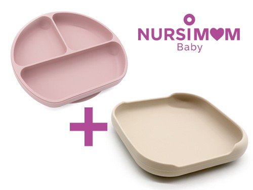 Set plato cuadrado beige + plato con division y sopapa rosa