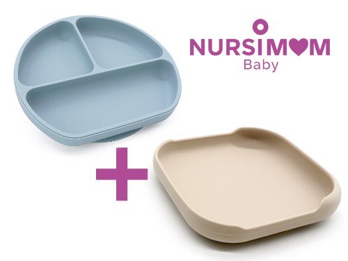 Set plato cuadrado beige + plato con division y sopapa celeste