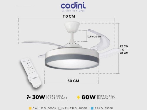 Ventilador de Techo Retráctil Codini Blanco Luz Led Control Remoto