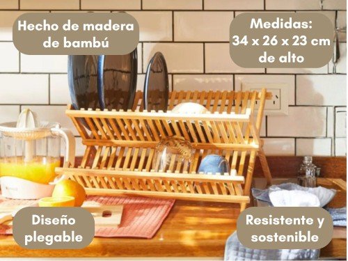 Secaplatos Escurridor Plegable Madera Bambú Minimalista Cocina