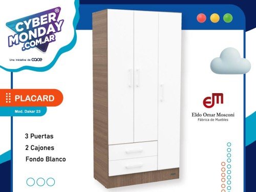 Placard 3 Puertas 2 Cajones, fondo blanco,Mod.Dakar 23 Carv M, Mosconi