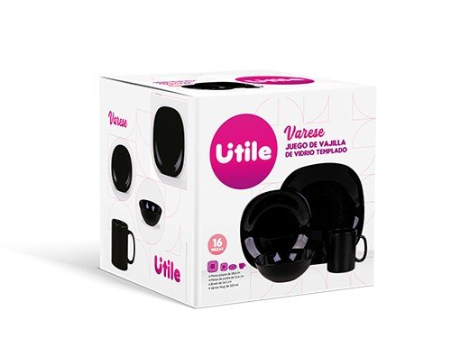 Juego de Vajilla 16 Piezas Varese Vidrio Templado Negro Utile