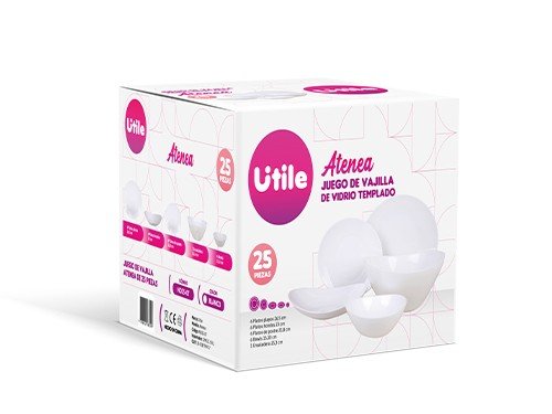 Juego de Vajilla 25 Piezas Atenea Vidrio Templado Blanco Utile