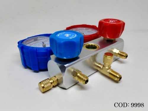 Manifold R22 R410 aluminio con protector y visor + mangueras 90cm