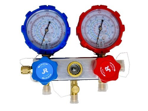 Manifold R22 R410 aluminio con protector y visor + mangueras 90cm