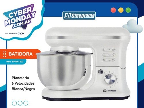 Batidora Planetaria, 5 Lts,  6 vel.. 1200w., Blanca/Negra, Steel Home
