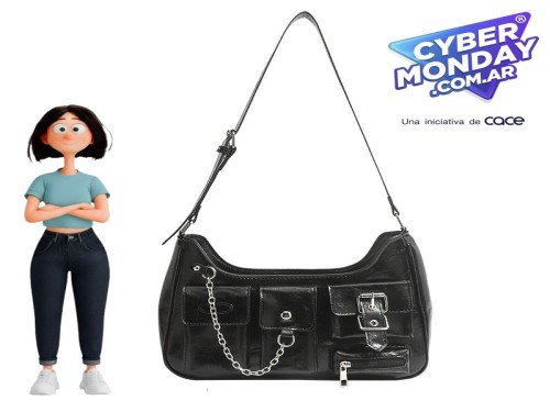 Cartera de mujer importada Tina en color negro con herrajes plateados