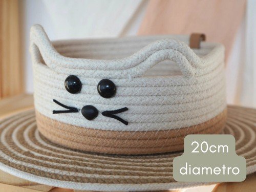 Cesto / Organizador Gatito Soga Algodón 20 cm Infantil Guarda Juguetes