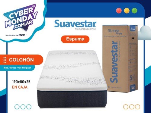 Colchón Espuma 1P en caja, 190x80x25 Stress Free Rollpack, Suavestar