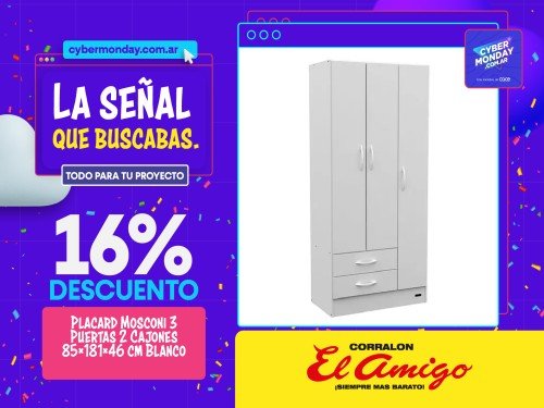 Placard Mosconi 3 Puertas 2 Cajones 85×181×46 cm Blanco