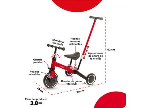 Triciclo Bebesit 2 en 1 con barra de empuje Rojo SL-2023-B
