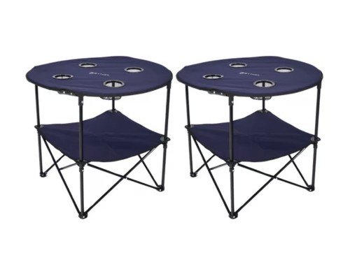 Kit x2 Mesas plegables de camping playa Bynox con posa vasos azules