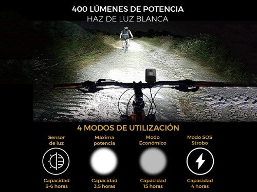 Luz LED 400 lm recargable p/ bicicleta con bocina