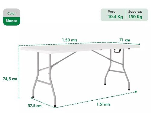 Mesa plegable jardin o picnic 150x70 Blanca