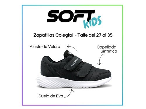 Zapatillas Escolar Unisex Abrojos Lisas Negro Blanco Soft 9300