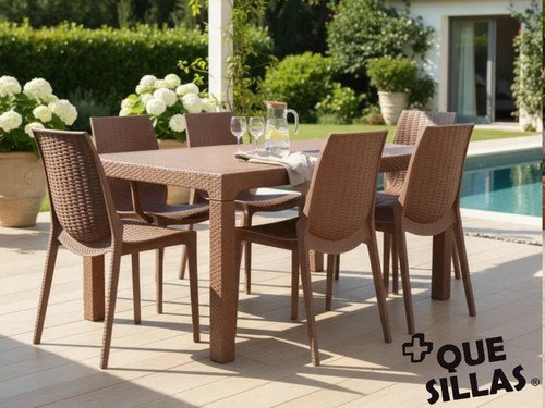Juego de Jardín Mesa 150x90 Simil Ratan Alejo + 6 Sillas Harmony