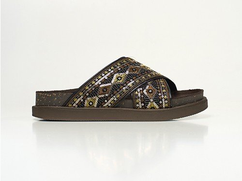 Sandalias Birk Chocolate. Bordado Étnico con Lentejuelas de Color