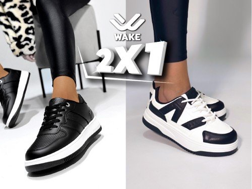 2x1 en Zapatillas mujer Wake Blanca y Negro eco cuero moda + 3 cuotas
