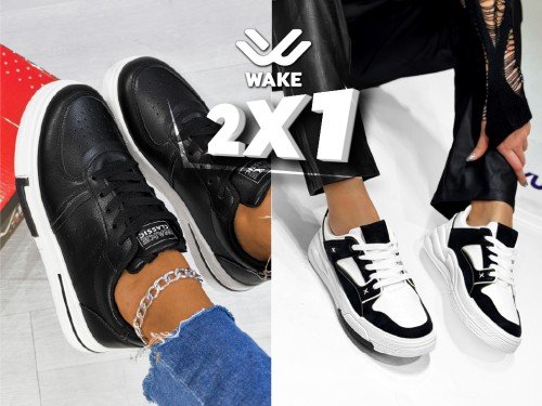 2x1 en Zapatillas mujer Wake Blanca y Negro eco cuero moda + 3 cuotas