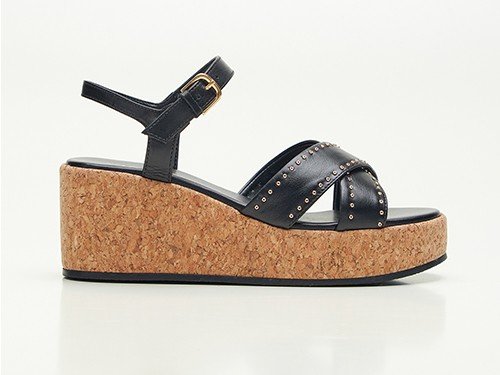 Sandalias de Cuero Negro. Plataforma de Corcho. Hebilla Regulable