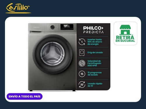 Lavarropas Automático Philco Phlf8014pi2 8kg Inverter Plata