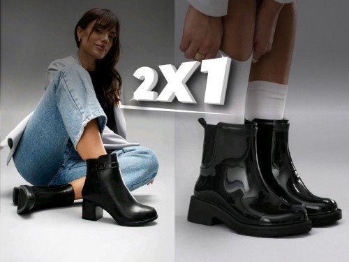 2x1 en Botas de Lluvia con taco full goma bordo beige negro