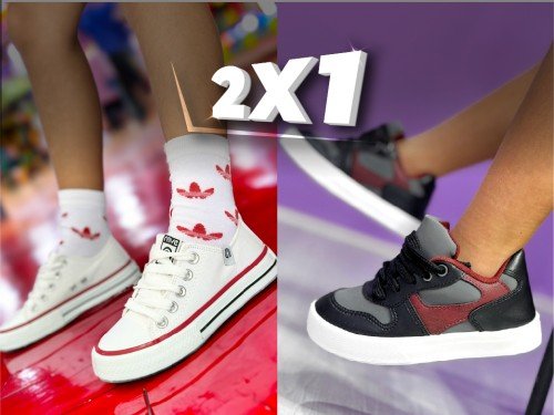 2x1 Zapatillas niña niño Economicas lona eco cuero blanco negro color