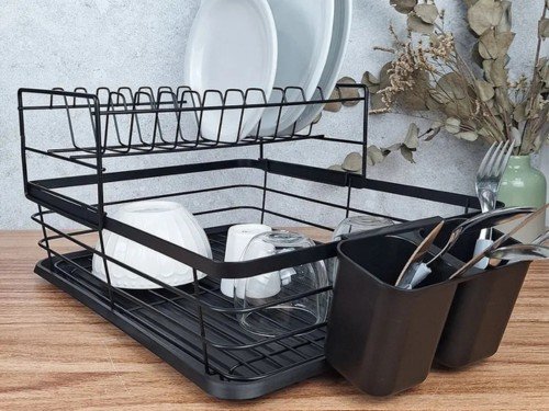 Secaplatos Escurridor 2 Pisos Bandeja Cubiertero Grande Negro