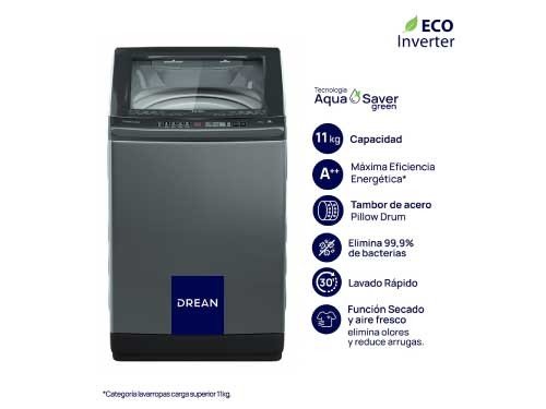 Lavarropas Carga Superior Ecoinverter 11 Kg Gris Drean