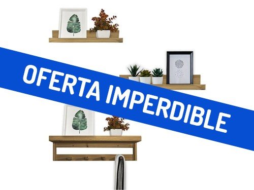 Combo 2 Estantes Flotantes + 1 Perchero de Pared Madera Roble Maciza