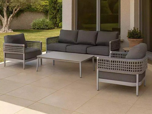 Set de exterior Amalfi en aluminio y lona náutica con mesa ratona