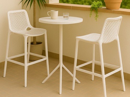 Set de 2 banquetas y mesa alta en polipropileno para exterior