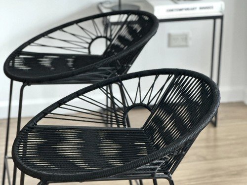 Banqueta Tulum de hierro tejida en soga respaldo medio