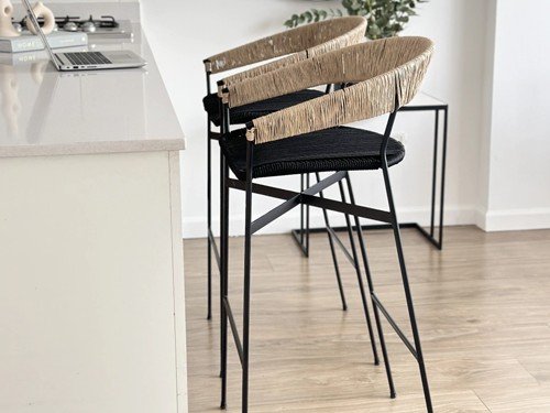 Banqueta Mallorca de hierro tejida en soga con respaldo medio