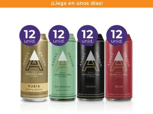 Pack: 48 Cervezas Andes Origen 473ml (Rubia - IPA - Roja - Negra)