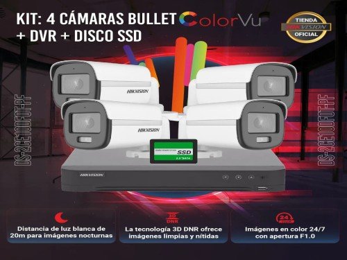 Kit Hikvision DVR 4 Canales + 4 Bullet Colorvu + Disco 480 SSD
