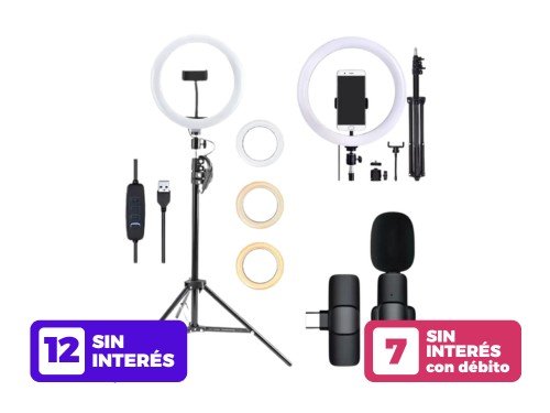 Combo Tripode Aro de Luz Led 26cm + Micrófono Corbatero C + Litghtning