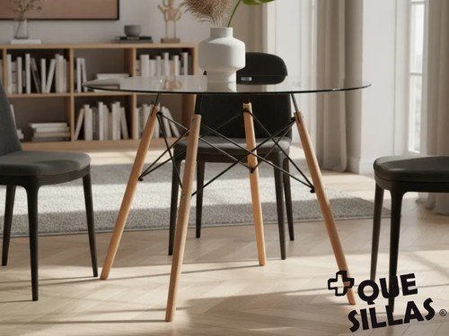Mesa de vidrio redonda Eames 100cm pata madera