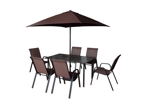 Juego De Jardín Mesa Acero + 6 Sillas + Sombrilla 200x200cm Con Base