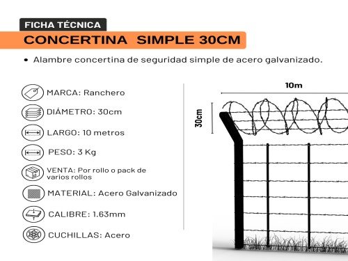 Rollo alambre de concertina Simple Galvanizado de 30cm Ranchero