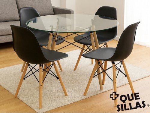 Mesa Redonda Eames Vidrio 120cm + 4 Sillas Eames Comedor