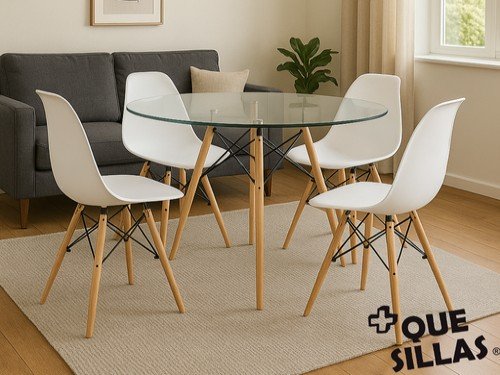 Juego De Comedor Mesa Redonda Vidrio 100cm + 4 Sillas Eames