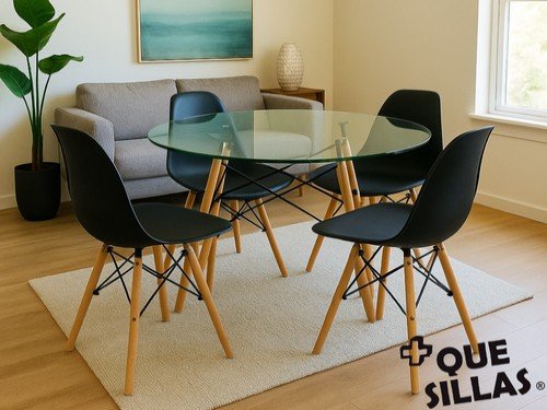 Juego De Comedor Mesa Redonda Vidrio 100cm + 4 Sillas Eames