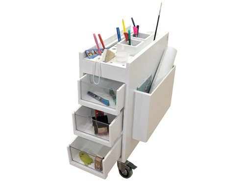 Gavetero de Arte rodante con seis cajoncitos con frentes de acrílico.