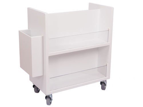 Librero de acrílicos con ruedas con cuatro estantes y revistero