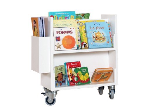Librero de acrílicos con ruedas con cuatro estantes y revistero