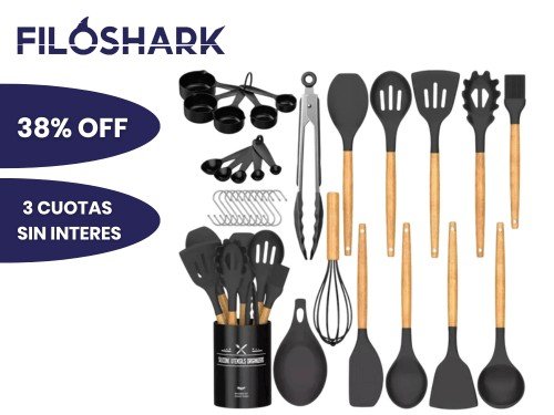 Kit X24 Utensilios De Cocina Filoshark Silicona Mango de Madera
